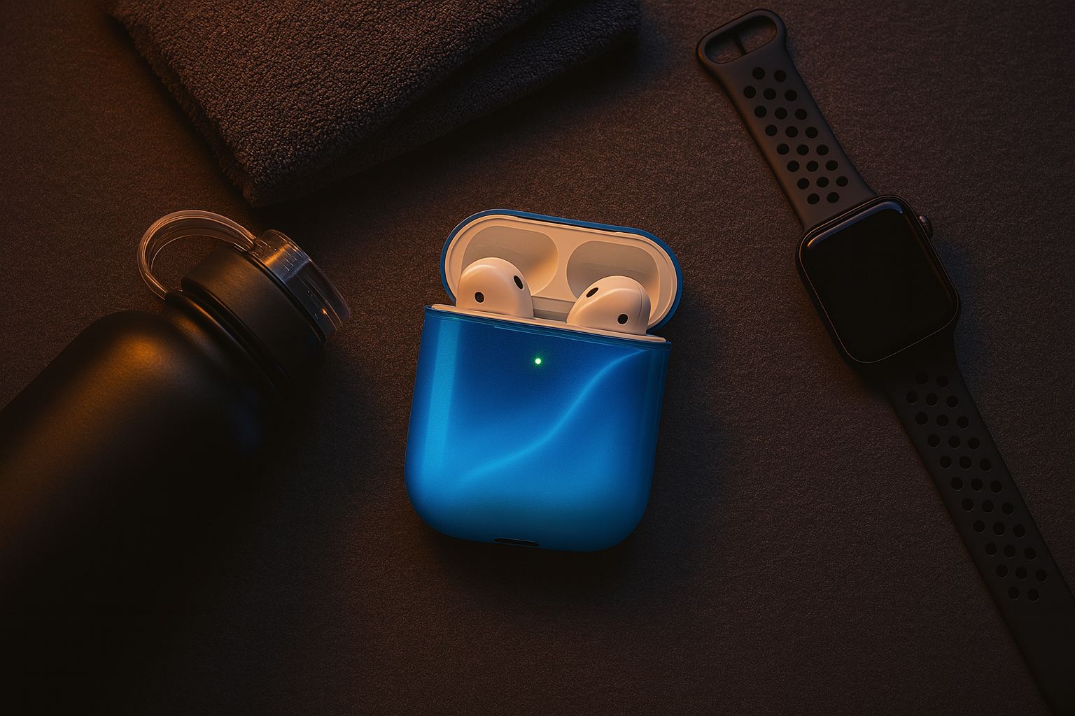 Blue wireless earbuds case with earbuds inside, next to a water bottle and smartwatch on a dark surface.