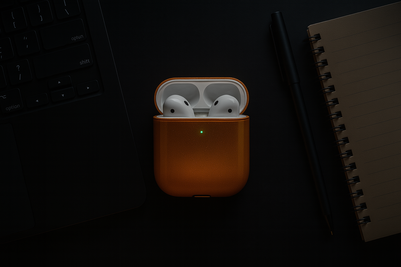 Wireless earbuds in an orange case on a dark surface with a keyboard and notebook in the background.
