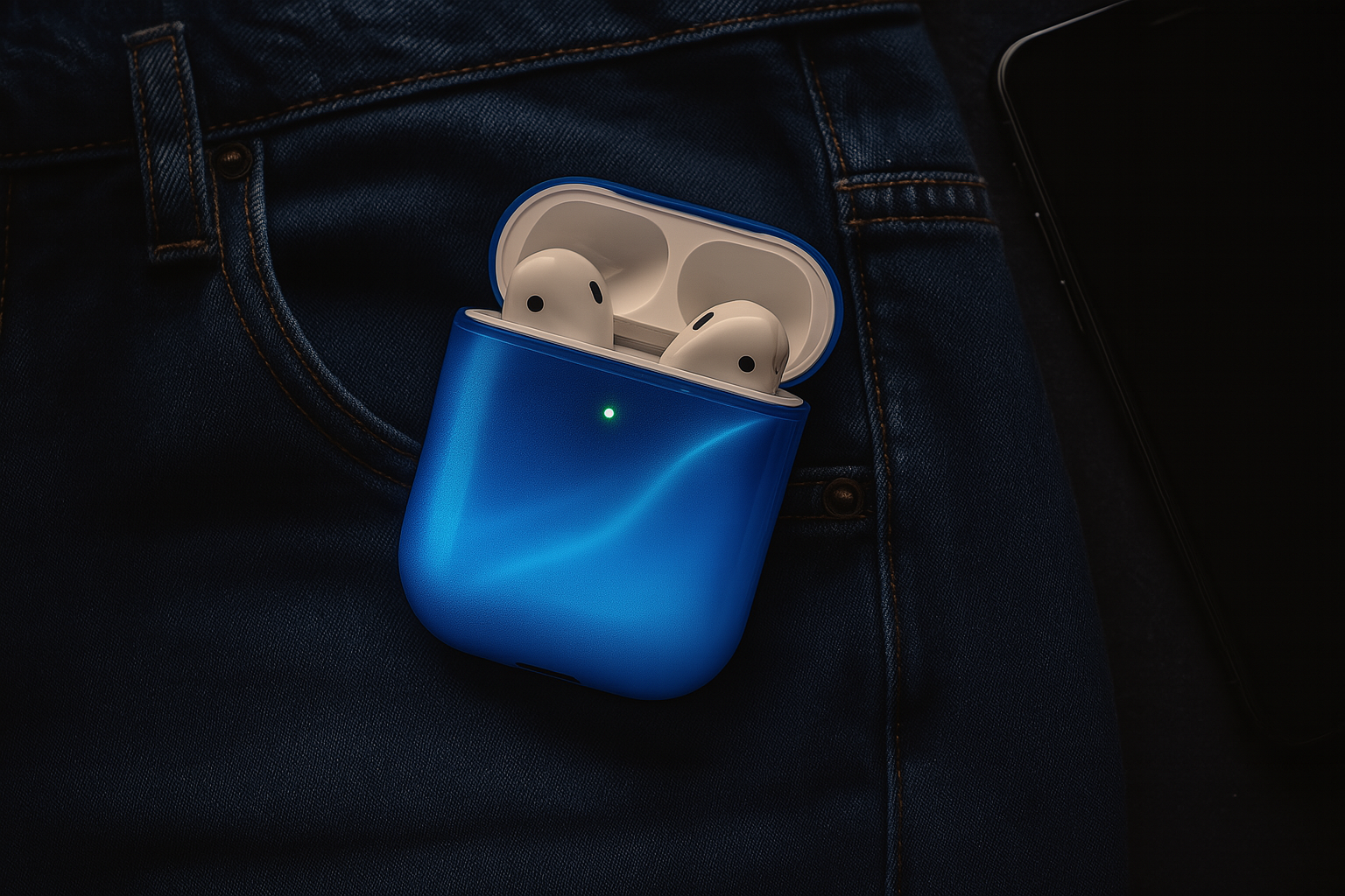 Blue wireless earbuds case with glowing green light on a dark background