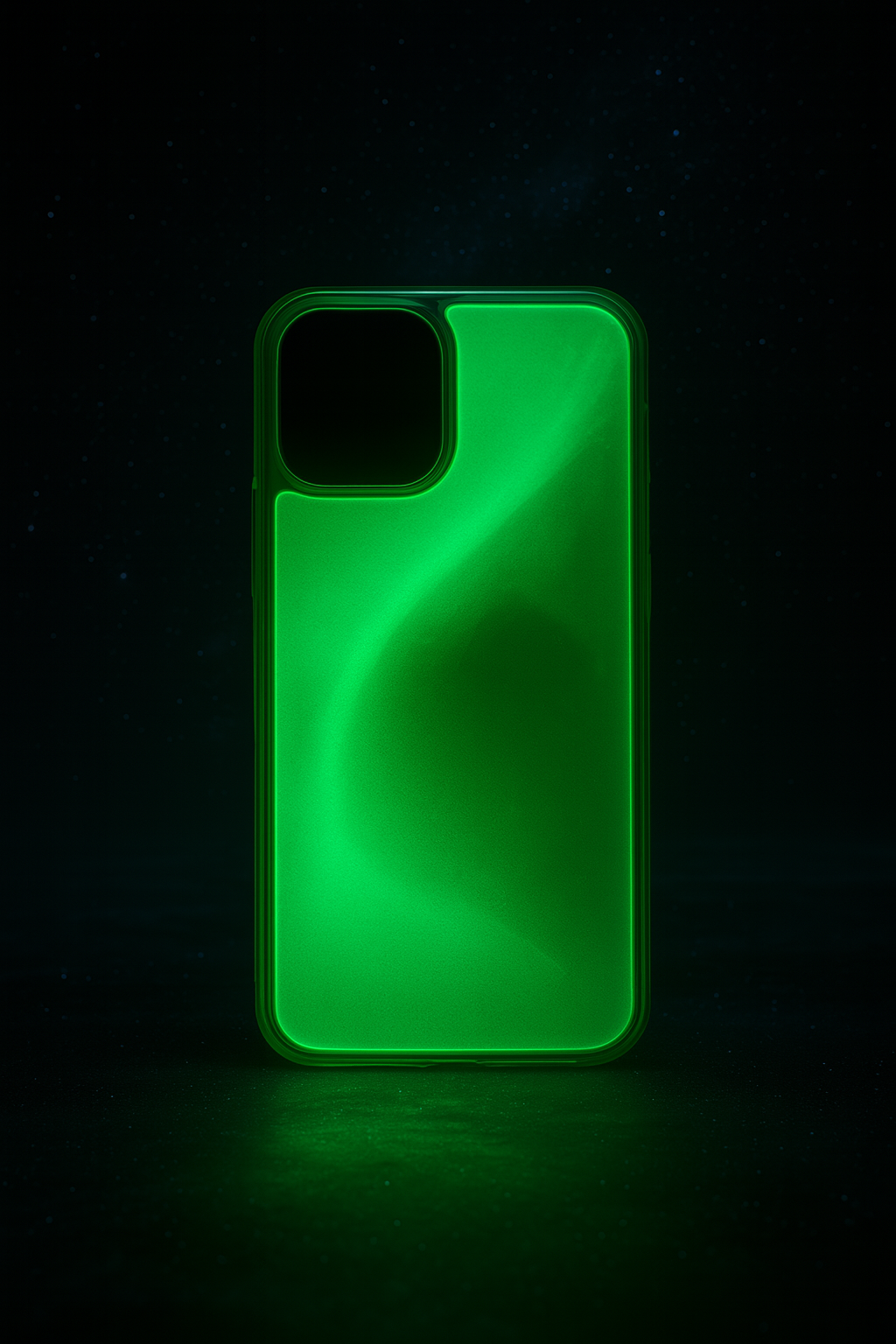 Glowing green phone case on a black background