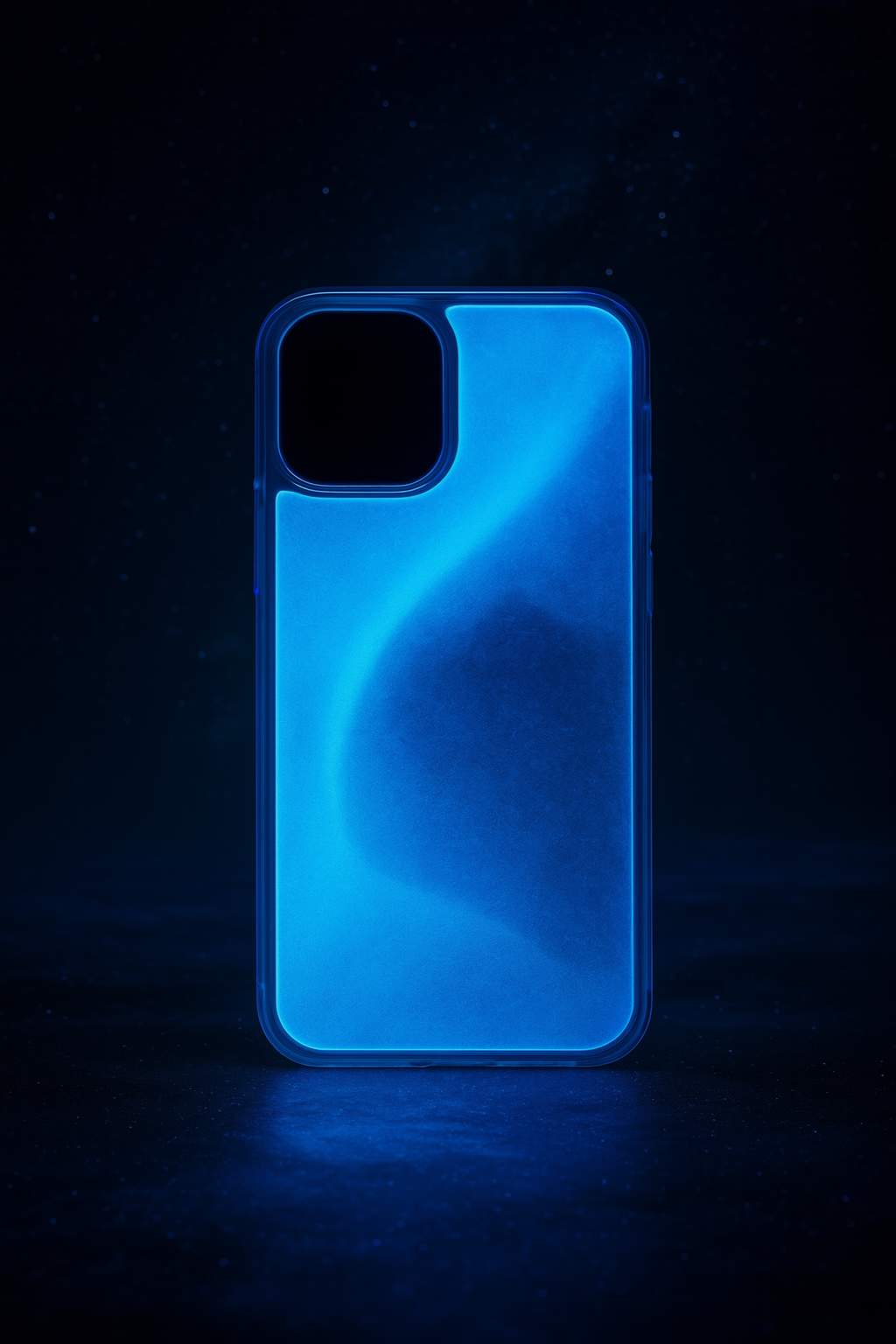 Glowing blue phone case on a dark background